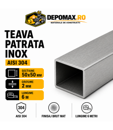 Teava patrata inox AISI 304, 50 x 50 x 2 mm, 6 metri